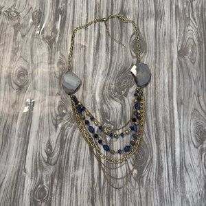 Boho Statement Necklace- Gold Chains, Blue Beads & Agate Accents